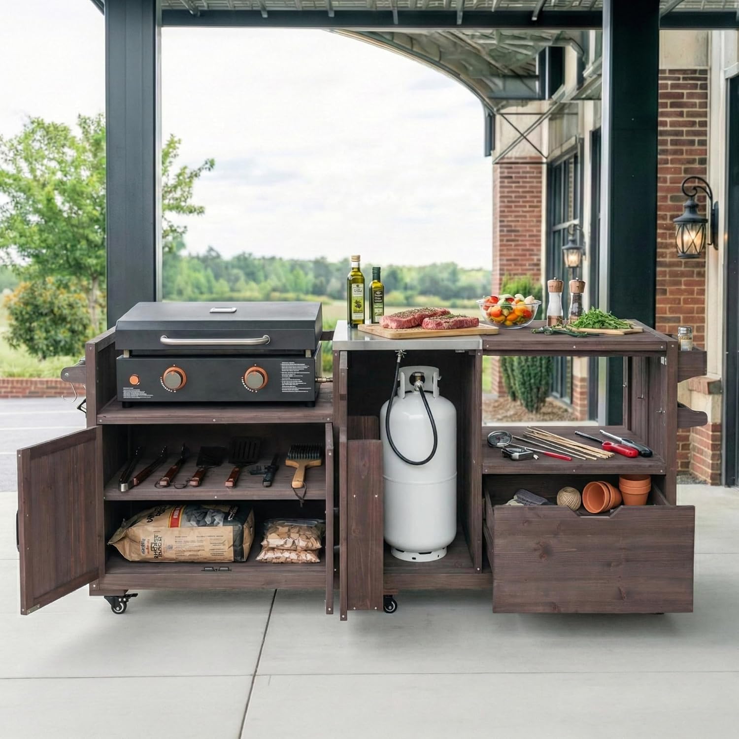 Wood Grill Cart with Stainless Top